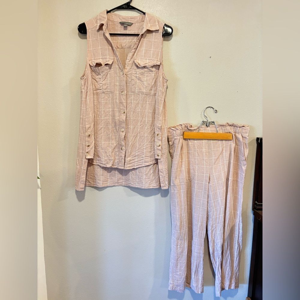 Sharagano linen blend sleeveless button-up top and pull-on crop pants light pink
